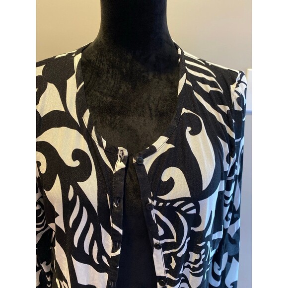 Rafael Blouse Sz Large Black & White Top Button Down Sheer 3/4 Sleeve lightweigh - Picture 2 of 11